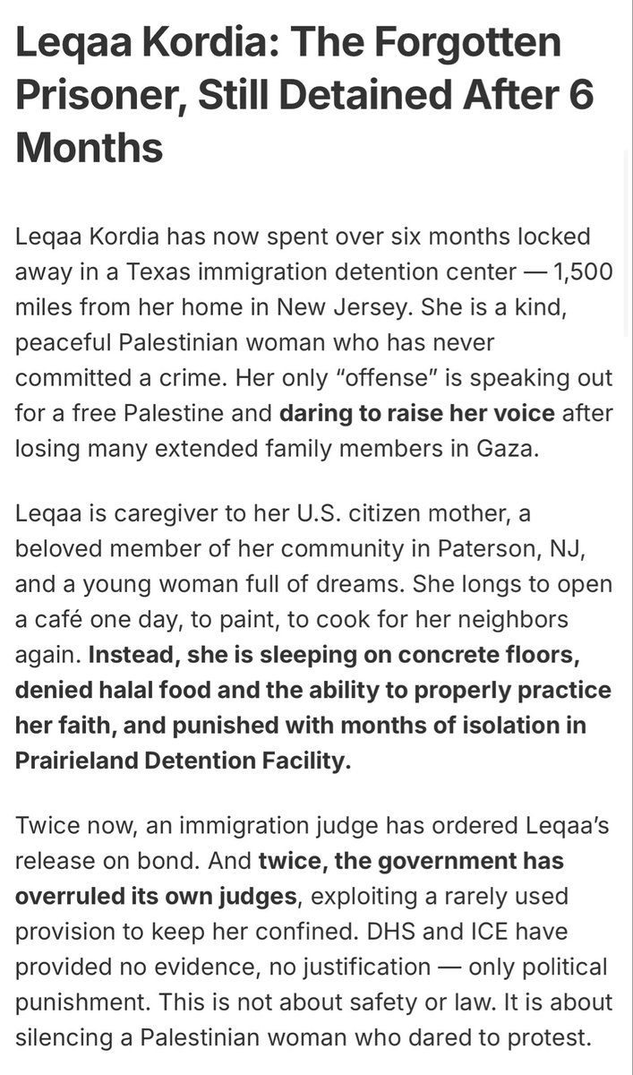 KatanaSpeaks's tweet image. FREE LEQAA KORDIA!
She is a Palestinian woman and Columbia protestor who has been held in an ICE concentration camp for over 6 MONTHS!!!
An immigration judge has ordered her release already, but the government keeps overruling it.
SHE NEEDS OUR HELP‼️
chuffed.org/project/freele…
