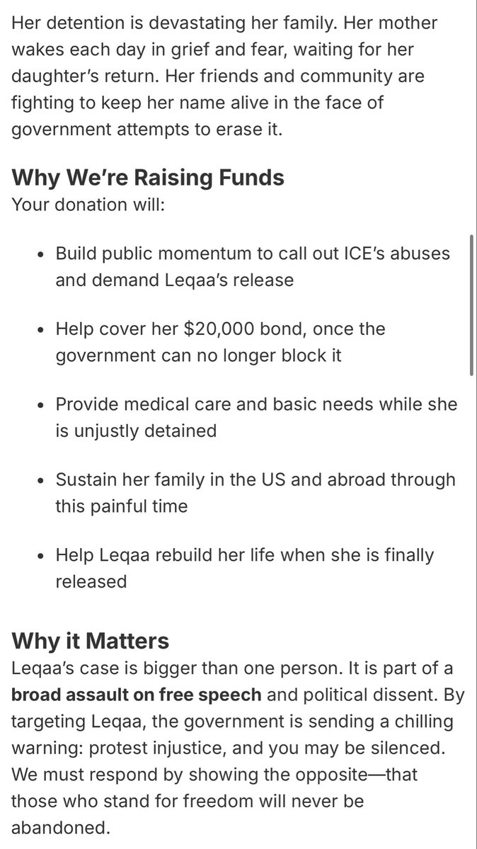 KatanaSpeaks's tweet image. FREE LEQAA KORDIA!
She is a Palestinian woman and Columbia protestor who has been held in an ICE concentration camp for over 6 MONTHS!!!
An immigration judge has ordered her release already, but the government keeps overruling it.
SHE NEEDS OUR HELP‼️
chuffed.org/project/freele…