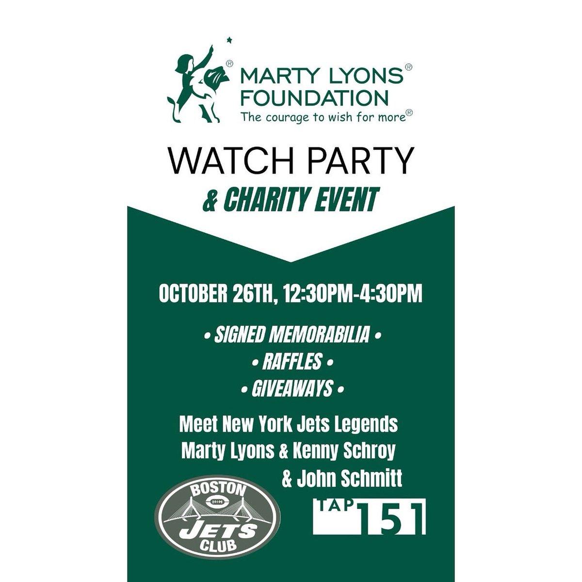 GothamCityCrew's tweet photo. 🚨For those NOT going to Cincy🚨 Head to Boston to watch the game with the @Bostonjetsclub & hang out with Jets Legends Marty Lyons, and Kenny Schroy, and John Schmitt 

WHEN:
Sunday, October 26th at 12:30 PM 

WHERE:
Tap 151 Bar & Grill (151 N First St, Cambridge, MA 02141) 

This will be an unforgettable afternoon of football, photos, and fundraising — all to help grant wishes for children battling terminal and life-threatening illnesses. 💚✨  

The MLFyoungprofessionals + @martylyonsfdn + @bostonjetsclub and are hosting this special event, with incredible raffle prizes up for grabs — and you don’t need to be present to win! 🎟️  

💚 Donate or grab raffle tickets here💚
https://t.co/SPrlCZY4xS

Let’s come together for a cause that matters and show what it means to be part of the Jets family — heart, hustle, and hope. 

#MLF #JetsFamily #BJC #GothamCityCrew #MartyLyonsFoundation