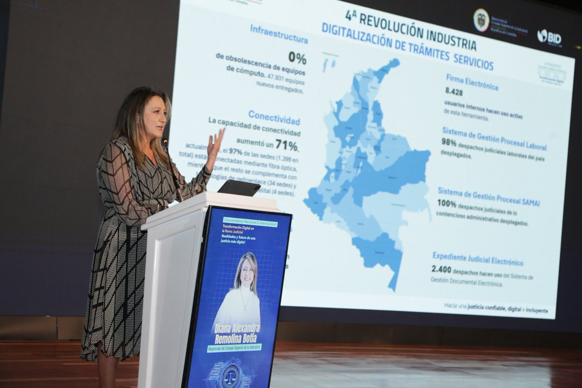 judicaturacsj's tweet photo. #JusticiaMásDigital | La magistrada del Consejo Superior de la Judicatura, Diana Alexandra Remolina Botía resaltó los reconocimientos internacionales que ha recibido la Rama Judicial en este proceso de transformación digital. 

Revive su intervención➡️ https://t.co/A9fldocGJb https://t.co/gYa1PJjokA