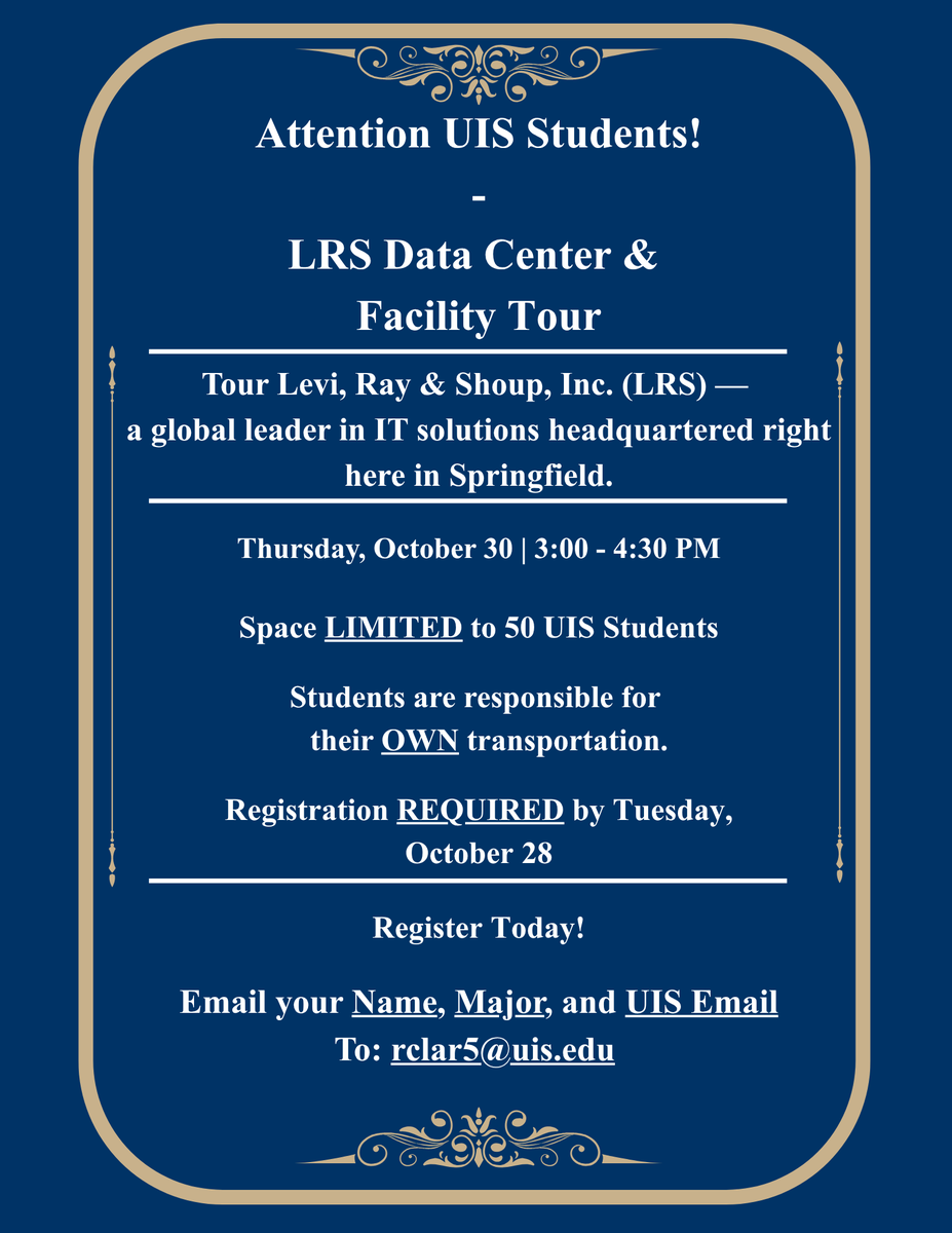UIS Students: Get a behind-the-scenes look at the LRS Data Center. Spots are limited. 

Register by emailing your name, major, and UIS email to: rclar5@uis.edu

Don’t miss this chance to see how research technology runs.