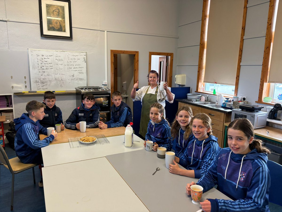 Our 6th Class enjoying a well deserved cupa after helping Eleanor with the younger children ☕️
We can't wait to visit the Blue Cottage Kitchen when it opens in the village🍰