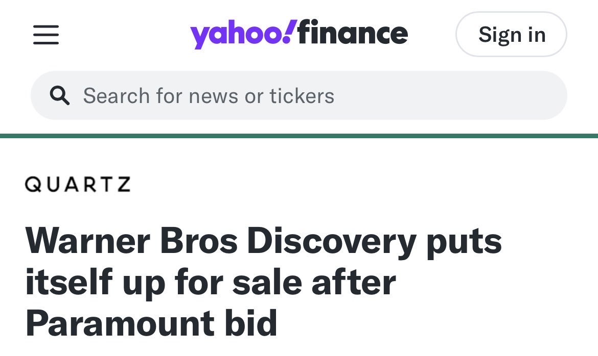 One of Trump's billionaire buddies just bought Paramount.

Now, he wants to buy Warner Bros.

That means one giant company could control almost everything you watch on TV: 

HBO
CNN
CBS News
Showtime
TBS
Comedy Central
TNT
Paramount+
TLC
HGTV
Nickelodeon
Cartoon Network
Animal