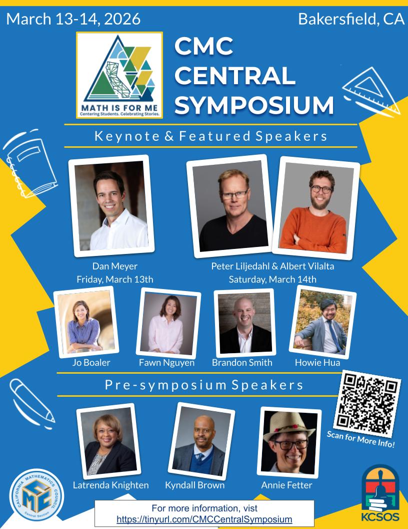 It is not too early to start arranging your trip to Bakersfield for the famous CMC-Central Symposium on March 13 &amp; 14, 2026. 

Information and registration here:  cmcmath.org/cmc-central-sy…

<a href="/cmcmath/">이승철</a>.bsky.social  <a href="/CAMathCouncil/">CMC - CA MathCouncil</a>  #iTeachMath