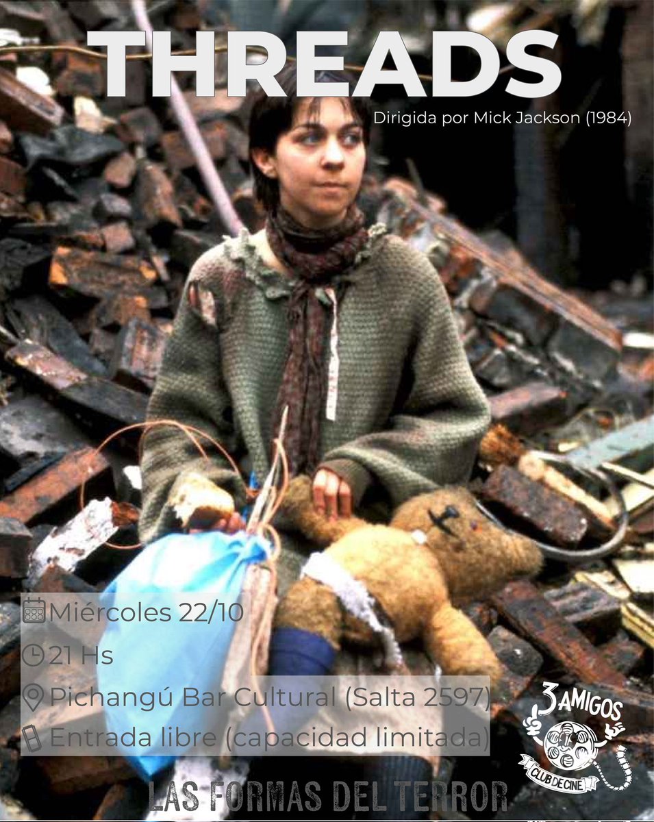 Santimontorfano's tweet photo. Mañana vamos a estar proyectando THREADS (1984) de Mick Jackson en Pichangú Bar Cultural (Salta 2597) a las 21hs

La entrada es libre y hay buffet para comer algo bueno bonito y barato mientras vemos la peli. 

Desde ya se agradece la difusión. Los esperamos! https://t.co/ATKqJGQZCT
