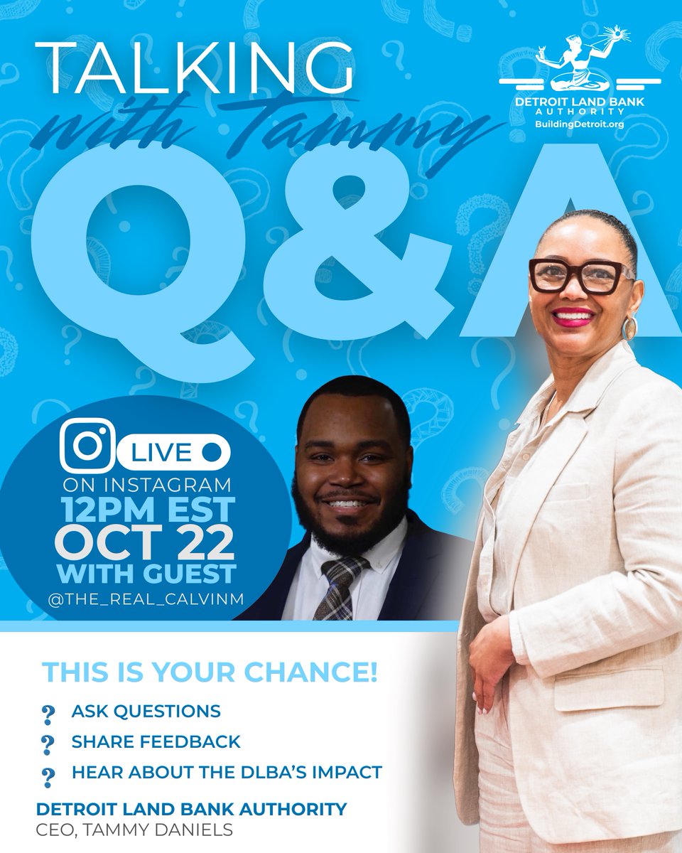 BuildingDet's tweet image. Got questions for the DLBA? 💬
Join CEO Tammy Daniels LIVE with guest Calvin McGhee on Oct 22 at 12 PM EST for Talking with Tammy: Q&amp;amp;A!
Let’s talk impact, progress, and your community!
#DLBA #BuildingDetroit #TalkingWithTammy
