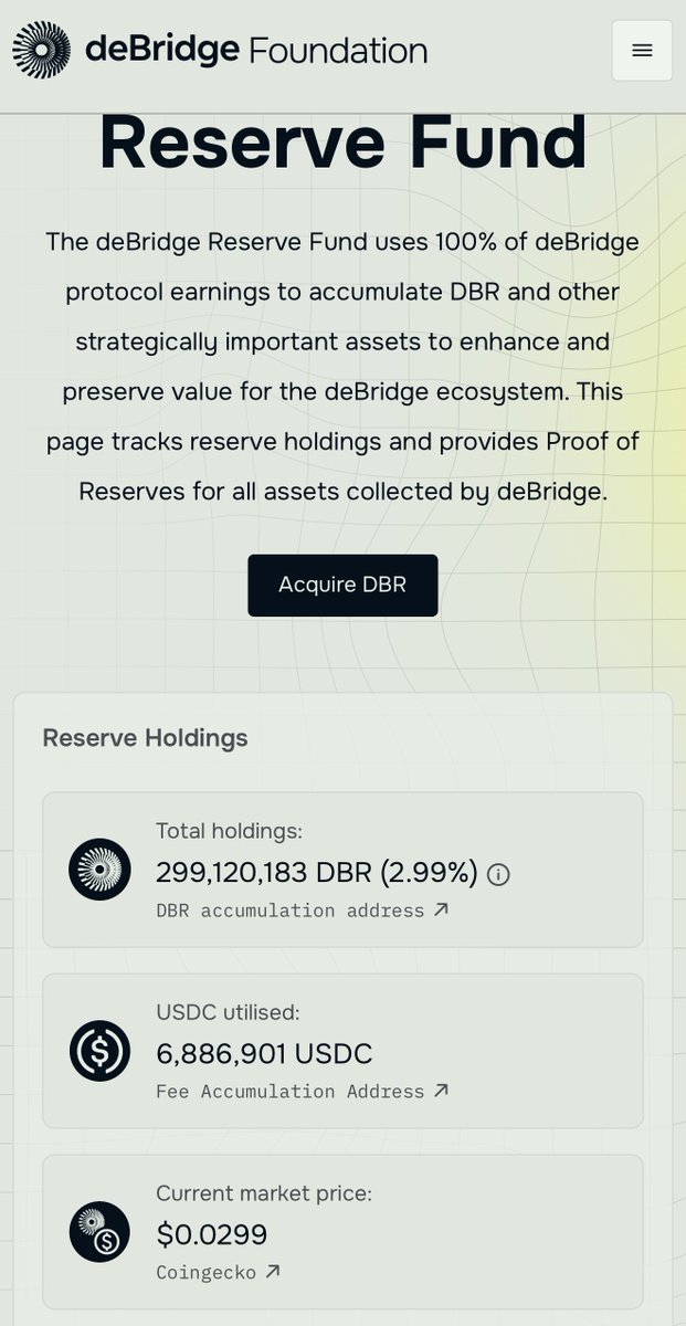 DBR 보유량과 사용된 USDC를 보여주는 DeBridge 리저브 펀드 대시보드