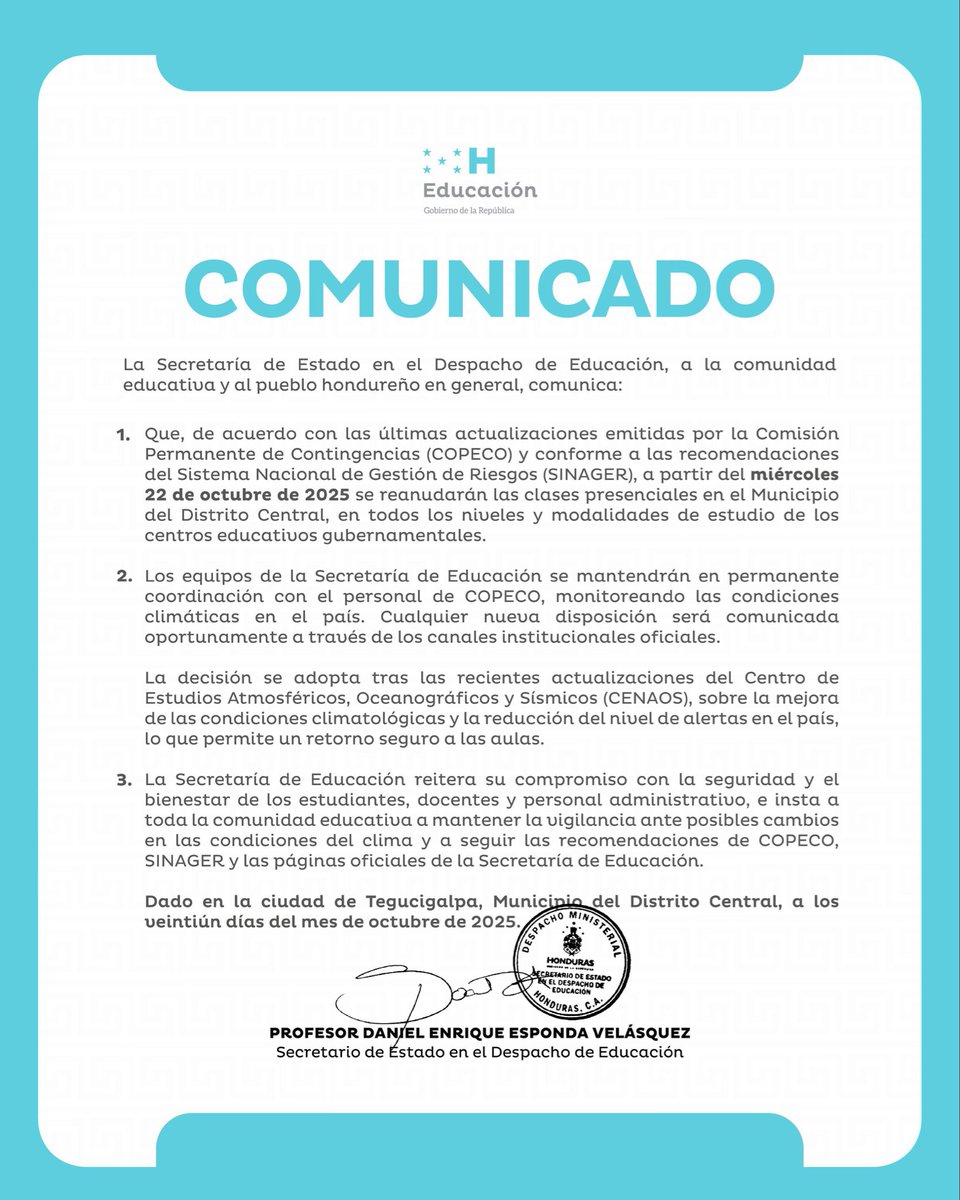 SpondaDaniel's tweet photo. Reanudamos las clases presenciales en el Distrito Central este miércoles 22 de octubre, tras la mejora de las condiciones climáticas.

Nuestro compromiso con la seguridad y el bienestar de la comunidad educativa sigue firme. Continuaremos en coordinación con COPECO y SINAGER para garantizar un retorno seguro a las aulas.