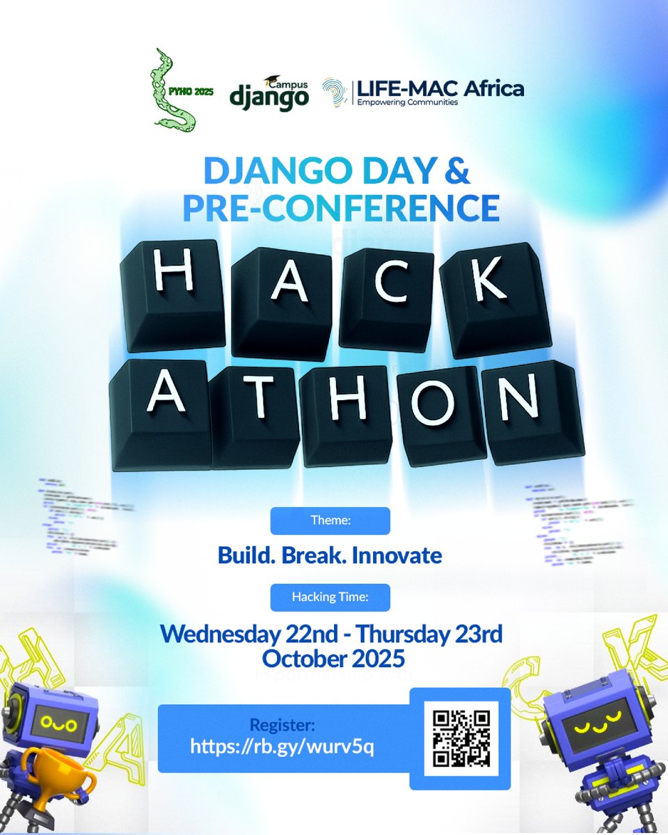 PythonHo's tweet image. 🚀 It’s almost time!
We kick off #PyHo2025 with a Pre-Conference Event - a day of Django, hacking, and innovation!
👨💻 Django Day by @djangocampus
💻 Build.Break.Innovate Hackathon – an overnight coding experience
📅 October 22, 2025
📍Rotary Community Centre, Ho
⏱️10:30 AM GMT