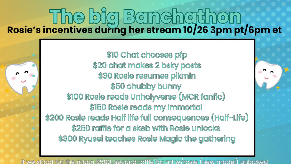 🦷THE BIG BANCHATHON🦷
during my stream on Sunday I will have these incentives! However they will also go live starting on Wednesday! Bancha is one of my closest friends and someone who has supported so many people. 

banchathon.crd.co