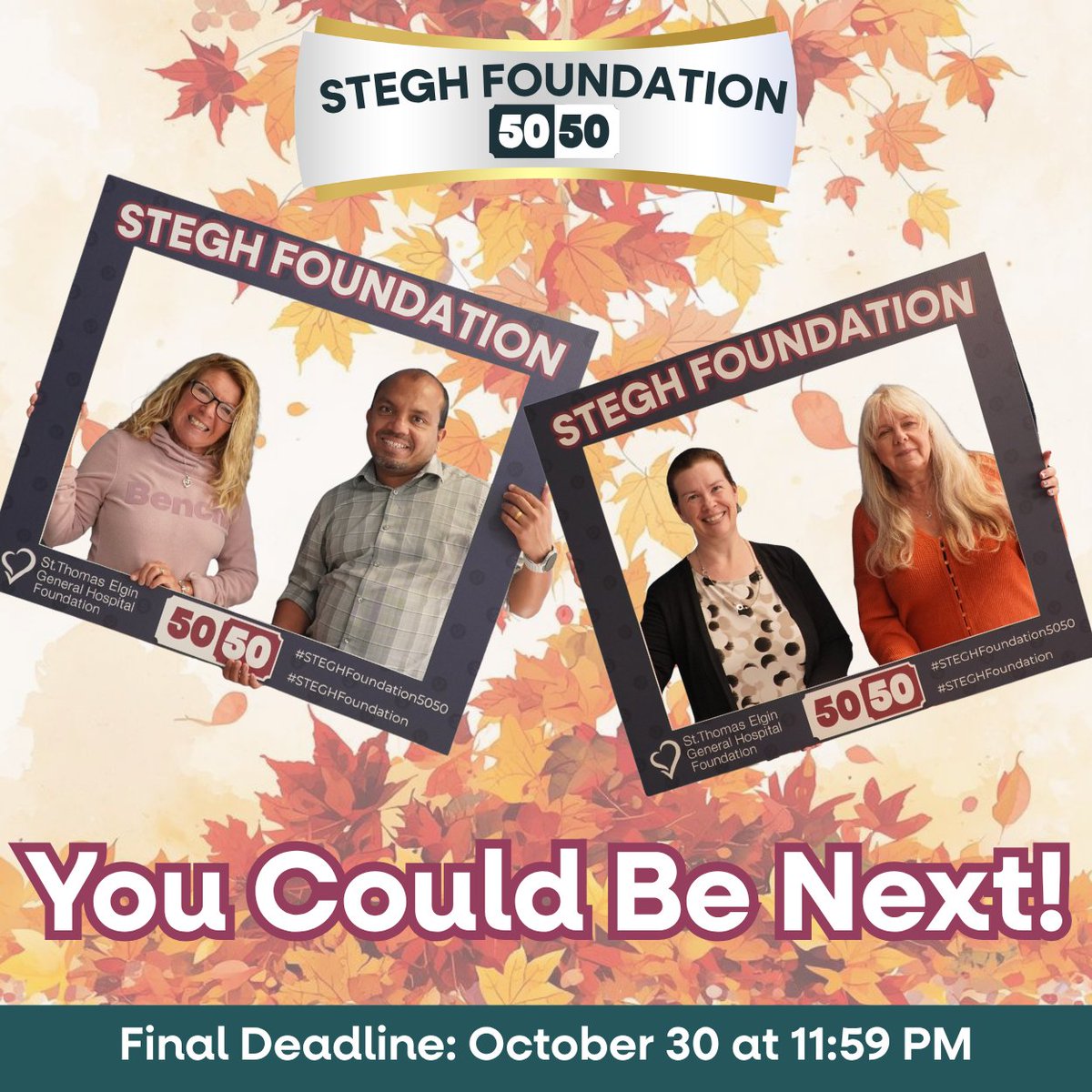 🍁 Fall into the next win!
Our 50/50 winners are piling up — will you be next? 💵

🗓️ Final $1,000 Early Bird: Oct 23 @ 11 AM
🎟️ All tickets also enter the Grand Prize Jackpot (Oct 31 Draw)

👉 ow.ly/N37g50XfQOm

#STEGHFoundation5050 #STEGHFoundation #STEGH