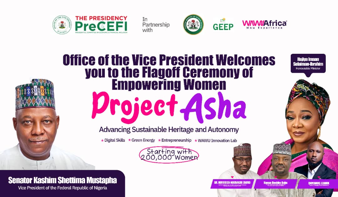 <a href="/precefi/">Pres Committee on Economic and Financial Inclusion</a>  and <a href="/wawu_africa/">WAWUAfrica</a> proudly flags off Project ASHA (Advancing Sustainable Heritage and Autonomy) to empower 200,000+ Nigerian women across all states in
✨ Digital Skills
🌿 Green Energy
💼 Entrepreneurship
🚀 Innovation 

#WomenEmpowerment #RenewedHopeAgenda