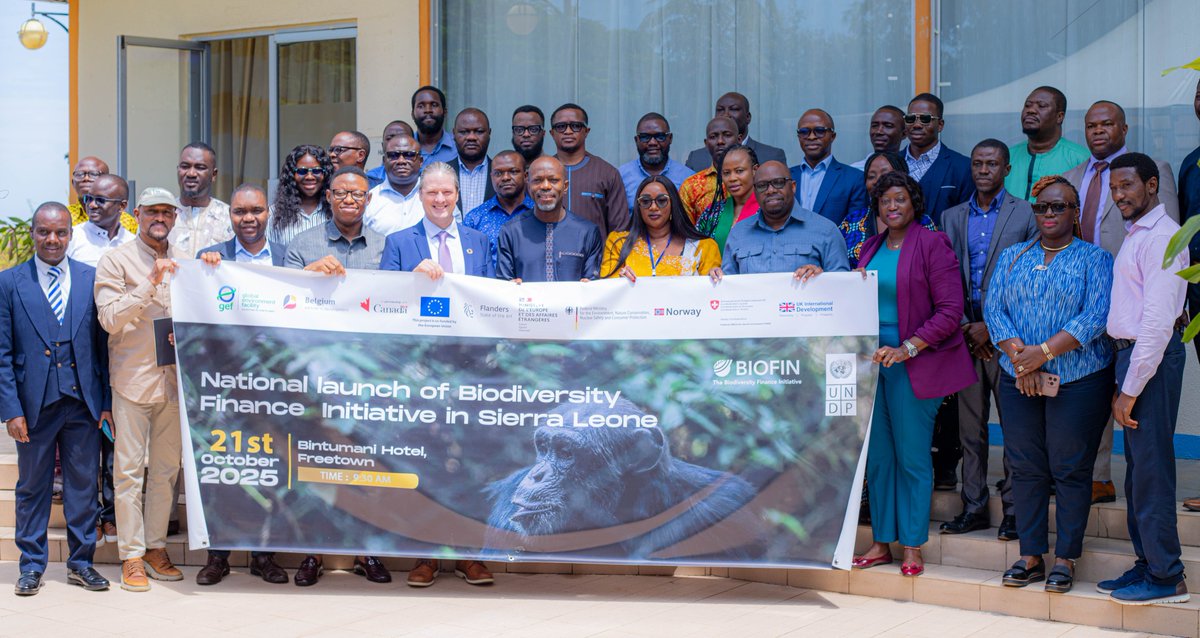 UNDPSierraLeone's tweet photo. Great news for Sierra Leone's environment! 🇸🇱 

@UNDP  and the Government of Sierra Leone have officially launched the Biodiversity Finance Initiative (#BIOFIN). This key partnership will boost investment in conservation and drive sustainable development for a greener future. 

@KevinPetrini  @ProtectionLeone @ahunnaeziakonwa @UNDPAfrica @MoiceComm
