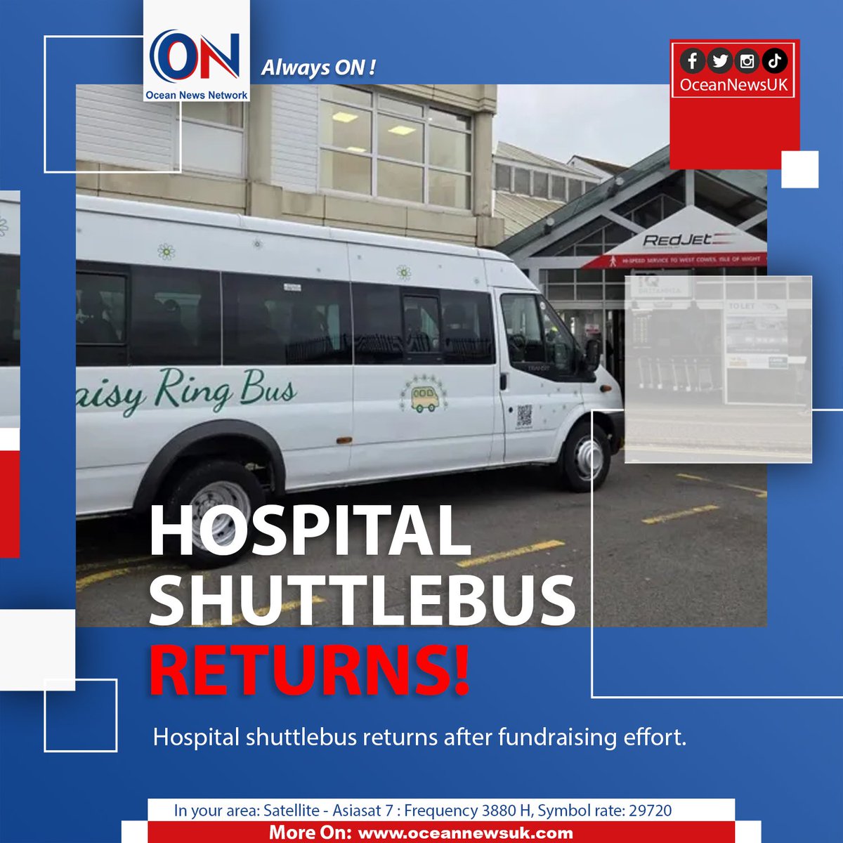 OceanNewsUK's tweet image. Hospital shuttlebus returns after fundraising effort. 
#Hospital #Shuttlebus

#OceanNewsUK #UK #Ocean #breaking #latest #London

More On: oceannewsuk.com

📺Satellite - Asiasat7: Frequency 3880 H, Symbol Rate: 29720