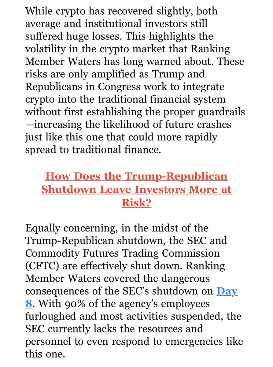Crypto has made its way into the shutdown discourse Just in from House  Financial Services Dems, in reference to the events of 10/10:
