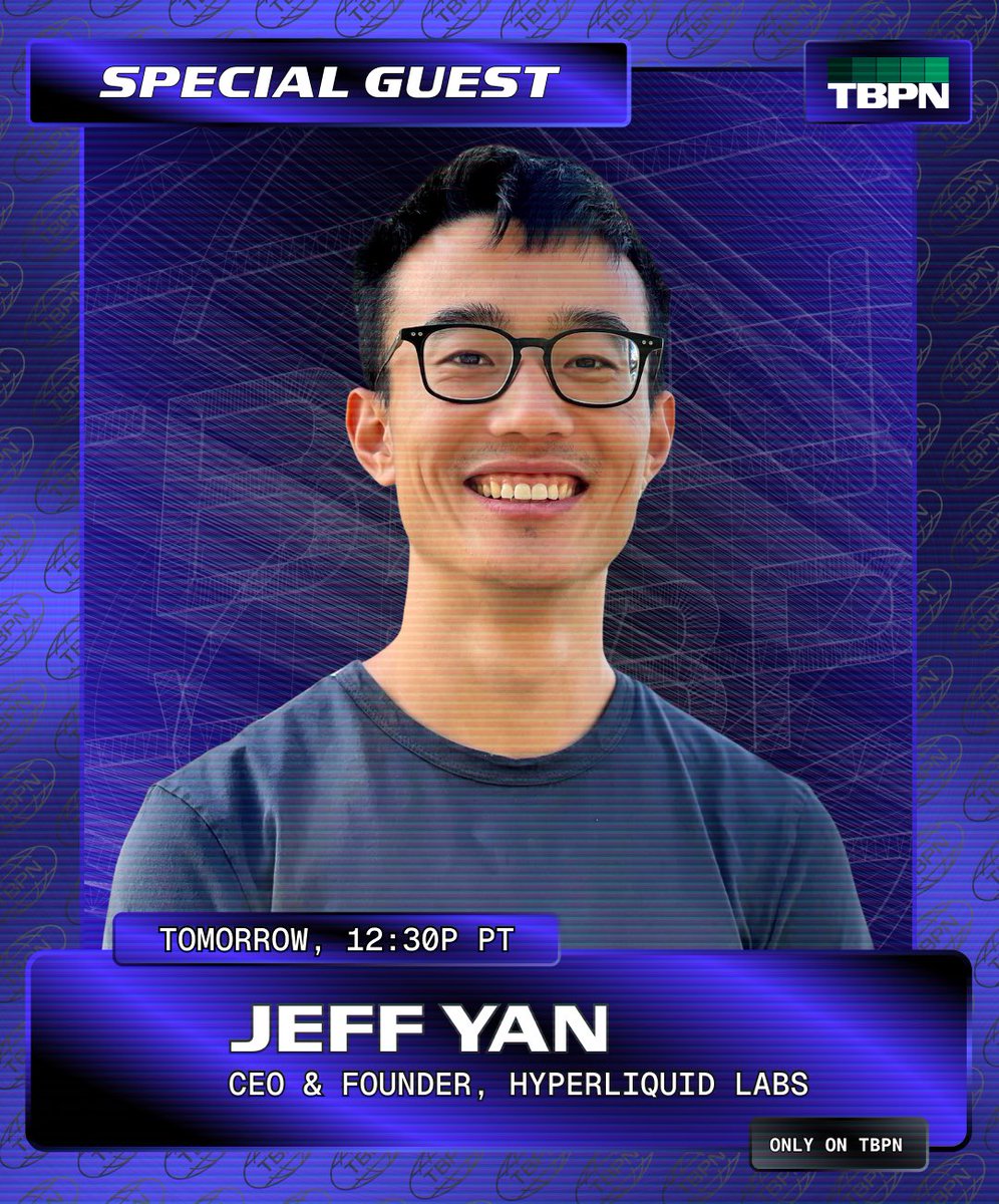 tbpn's tweet image. BREAKING: $HYPE CEO @chameleon_jeff will be on TBPN tomorrow at 12:30p PT
