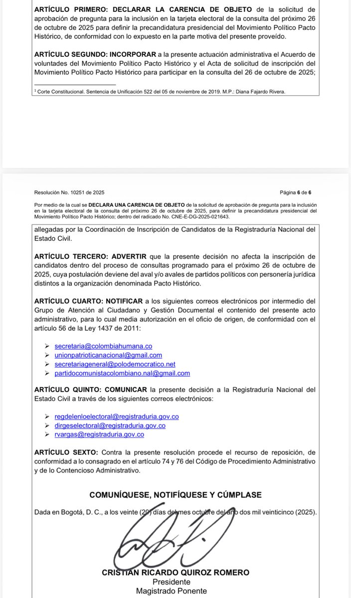 Atentos: El <a href="/CNE_COLOMBIA/">CNE Colombia</a> determinó que tras la revocatoria de las medidas cautelares de la tutela negada a <a href="/GustavoBolivar/">Gustavo Bolívar</a> y <a href="/carolinacorcho/">Carolina Corcho</a> hubo un decaimiento del acto de inscripción y por lo tanto, el Movimiento Político <a href="/PactoHistorico/">Pacto Histórico Colombia</a> “no presentó inscripción de candidatos