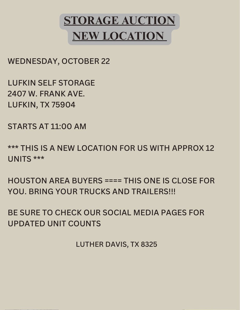 DavisAuctions's tweet photo. Lufkin area live auction Wednesday, October 22nd at 11 AM. #storageauction #reseller #buyatauction #easttexasstorage #usedfurniture #houstonstorage #storageauction https://t.co/JrIsaHuPya