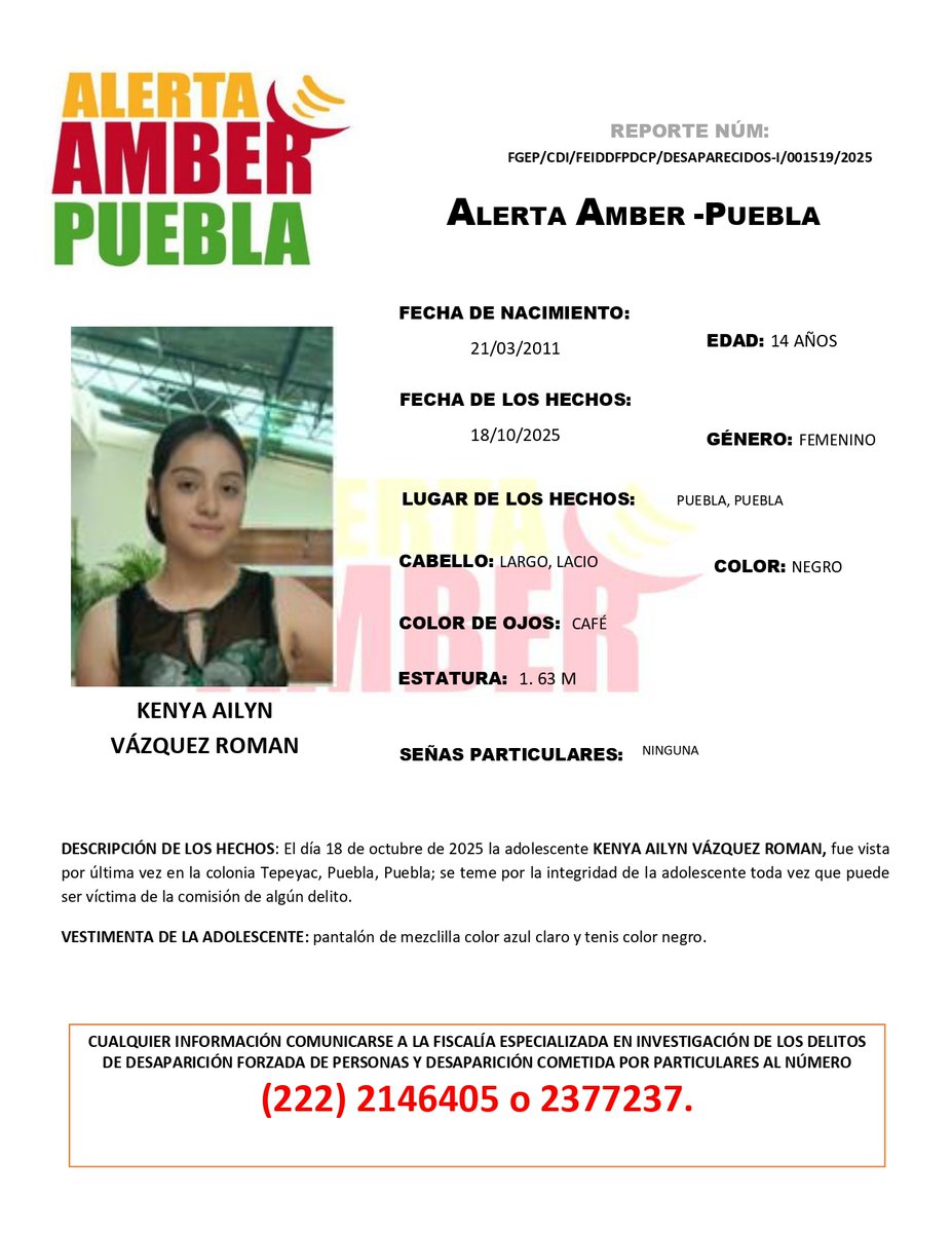 #AlertaAmber | Solicitamos su apoyo para la búsqueda y localización de la adolescente KENYA AILYN VÁZQUEZ ROMAN, de 14 años de edad.            

Fue vista por última vez en la colonia Tepeyac, Puebla, Puebla.