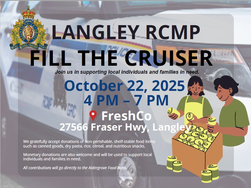 LangleyRCMP's tweet image. 🚓Cram the Cruiser!🚓
Help us support the Aldergrove Food Bank by donating non-perishable food or making a monetary contribution. Every bit helps local families in need! 💙
#Cramthecruiser #LangleyRCMP