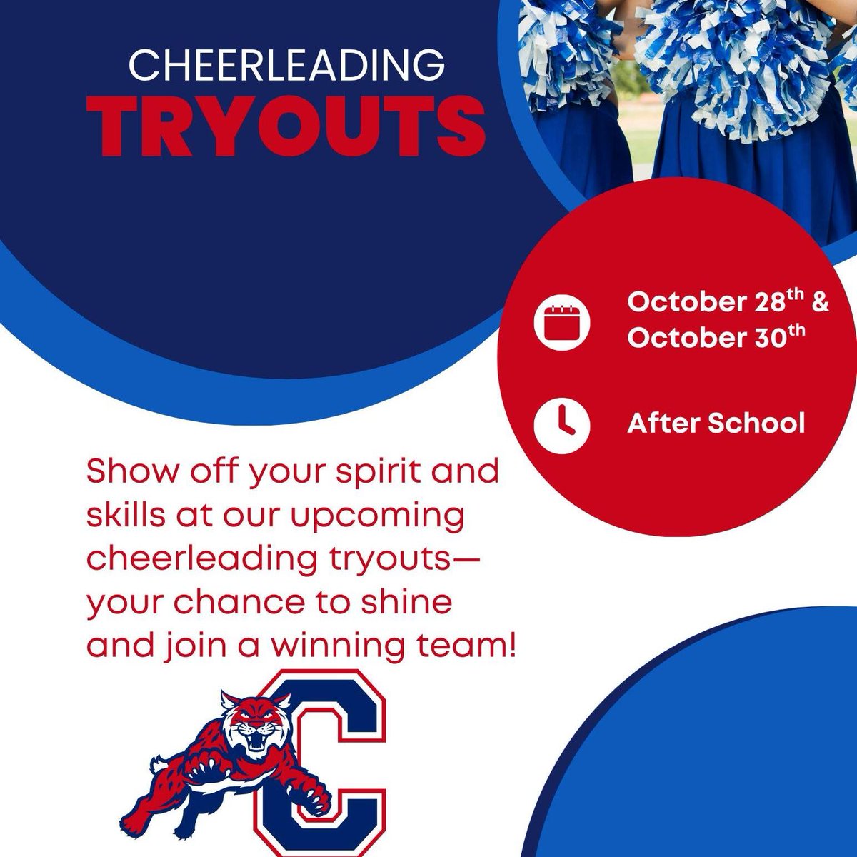 Plan to try out for cheerleading? Don’t forget to sign up ahead of time! Tryouts will be held on October 28 and 30.

8th grade: Multipurpose Gym
7th grade: Cafeteria

All participants must be signed up to try out.
Questions? Email Mr. Hartog at rhartog@ccs.k12.in.us.