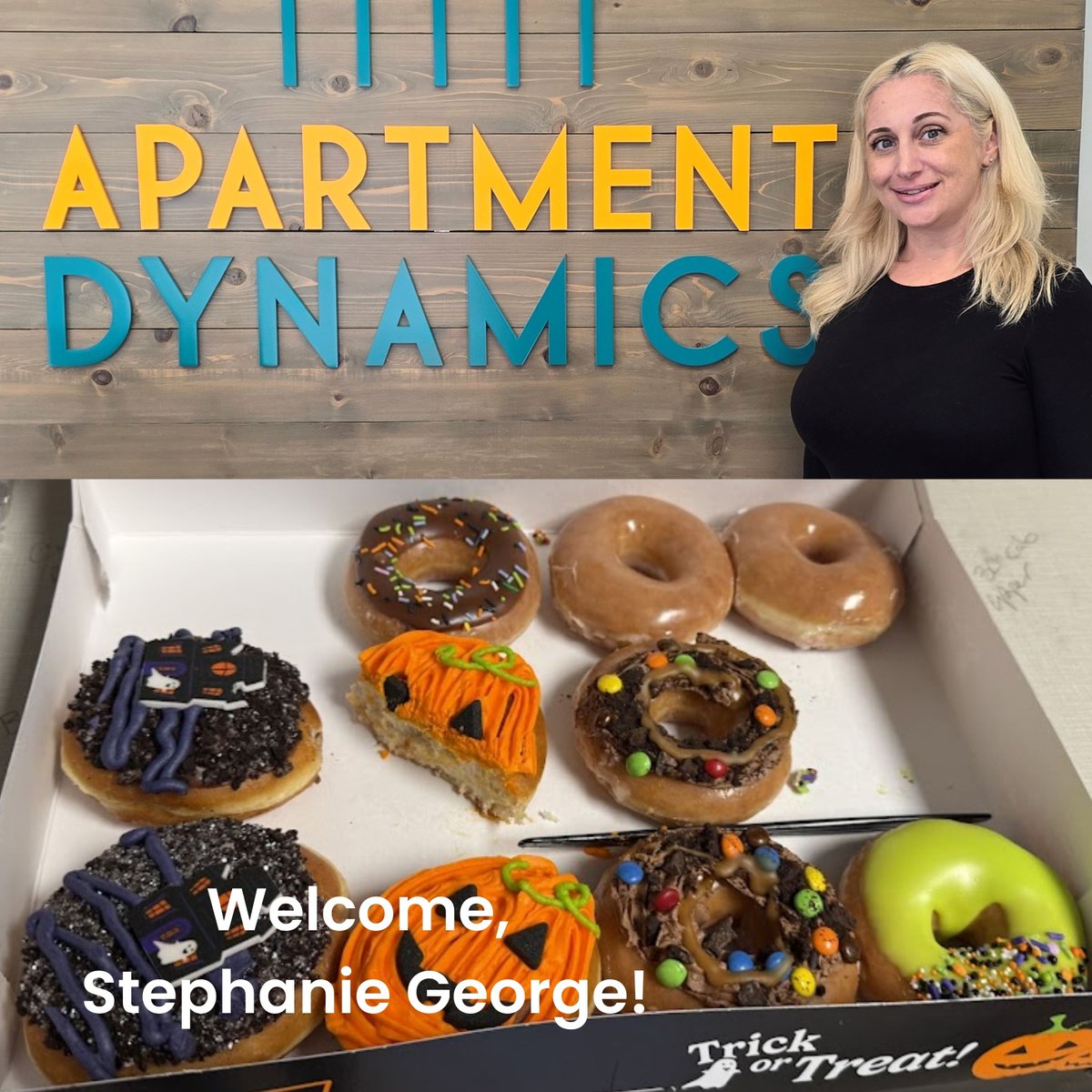 When your brand new employee brings Krispy Kreme themed donuts to Orientation! Who does that? Stephanie says giving (and Krispy Kreme donuts) are her love language! Welcome, Stephanie George! #multifamily #apartmentmanagement #propertymanagement #onboarding #superstar