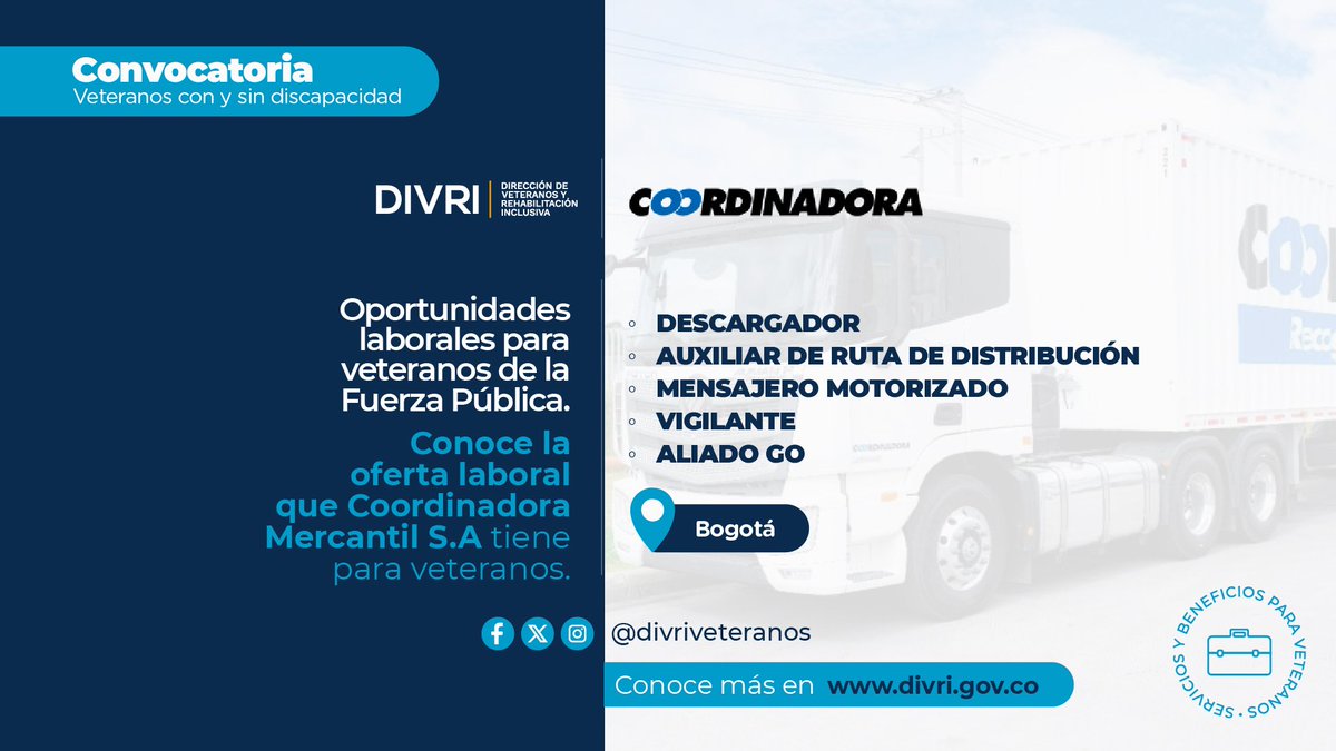 #TrabajoSíHay Veterano de la Fuerza Pública, no te pierdas la convocatoria laboral que tiene para ti la empresa de transporte de mercancía <a href="/coordinadora_sa/">@coordinadora</a>. Entérate y regístrate en el siguiente link: divri.gov.co/nuestra-direcc…