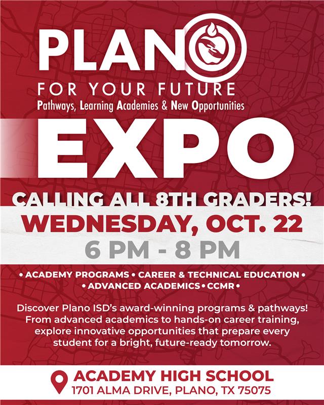 Plano_Schools's tweet image. Join us tomorrow for the Plano for Your Future Expo, where 8th graders and families can explore endless options featuring:
• 30+ Career &amp;amp; Technical Education programs
• 5 academies
• Advanced Academics &amp;amp; CCMR opportunities
• Our brand new CTE Center
🕕6–8 PM
📍Academy HS
