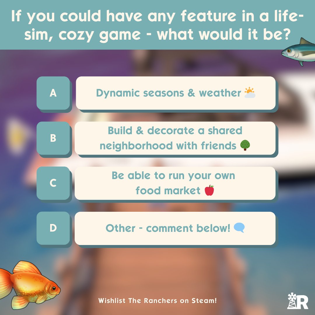 If you could have any feature in a life-sim, cozy game - what would it be? I'd love to run my own fruits and veggies market from my own farm/ranch 🍎🍠 How about you? ✨

#TheRanchersGame