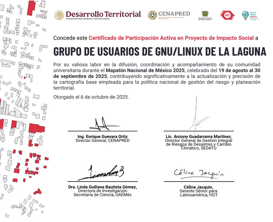 Agradecemos a <a href="/MapHubLAC/">LAC Hub - HOT 🌎</a> y <a href="/hotosm/">Humanitarian OpenStreetMap Team</a> el habernos permitido ayudar en el #Mapatón Nacional de #México 🇲🇽 2025
¡Gracias 🐧!

 #Mapaton2025 #OpenStreetMap #HOTOSM
#SoftwareLibre #FreeSoftware