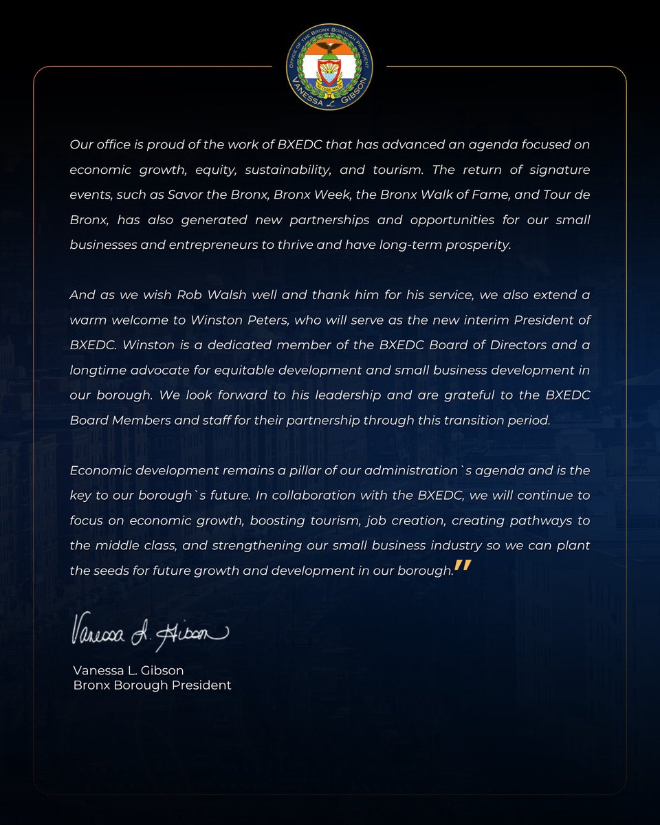 Economic development remains a pillar of our administration’s agenda and is the key to our borough’s future. 

In collaboration with the BXEDC, we will continue to focus on economic growth, boosting tourism, job creation, creating pathways to the middle class, and strengthening