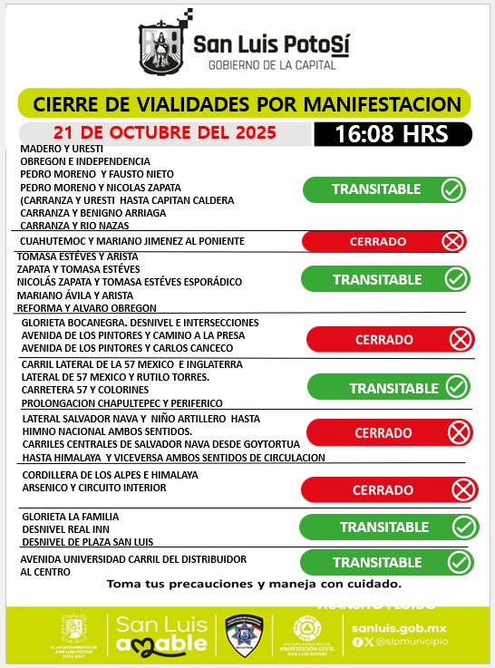 SSPCSLP's tweet image. ⚪️🔵 #ReporteVial 🚨#VialidadSLP 

⚠️Actualización 

Toma tus precauciones y planea tus trayectos, prevalece cierre vial en las siguientes vialidades: 

⛔️Cordillera de los Alpes e Himalaya 
⛔️Calle Arsénico y acceso a Río Santiago 
⛔️Salvador Nava en el tramo de Goytortua a…