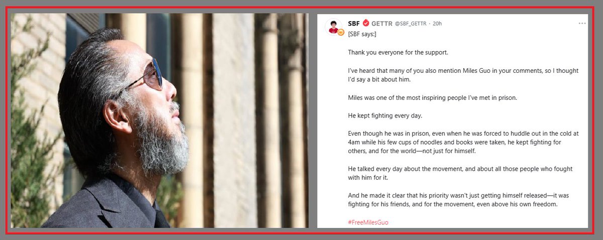 NEW: 🚨 Sam Bankman-Fried thanks Chinese dissident Miles Guo for his kindness and treatment in Prison. 

Both Guo and Bankman-Fried maintain their imprisonments are political persecutions carried out by The Biden Administration.