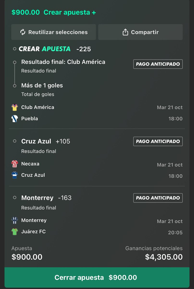 DenilBets's tweet photo. Parlay liga mx +335💸🤑

3 de los mejores planteles de la liga 🇲🇽

Ya no se pueden permitir perder puntos, hoy ganarán los 3 ✅✅ https://t.co/dZuD3SzPqy