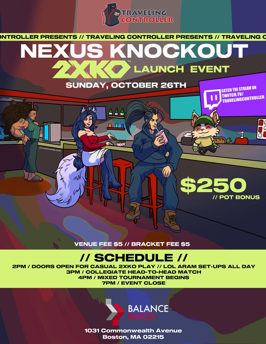 We are a few days out from the <a href="/Play2XKO/">2XKO</a> Nexus Knockout and preregistration is open! 
Playing as a team? Use this chance to lock in your team name. 
Payment will be taken at the door on Sunday.
Same day registration will also be avaliable. 
challonge.com/NexusKnockout