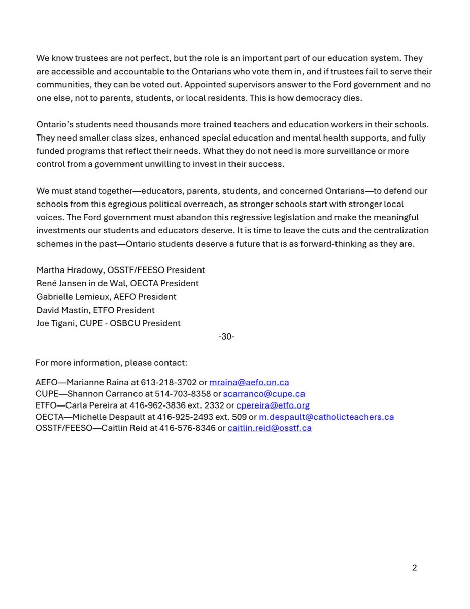ETFOPeel's tweet image. JOINT STATEMENT: Ontario’s Education Unions United Against Bill 33

Bill 33 “is a regressive piece of legislation that does nothing to support students &amp;amp; everything to consolidate power in the hands of the Minister of Education.”

etfo.ca/news-publicati… #ETFO #OntEd #OnLab