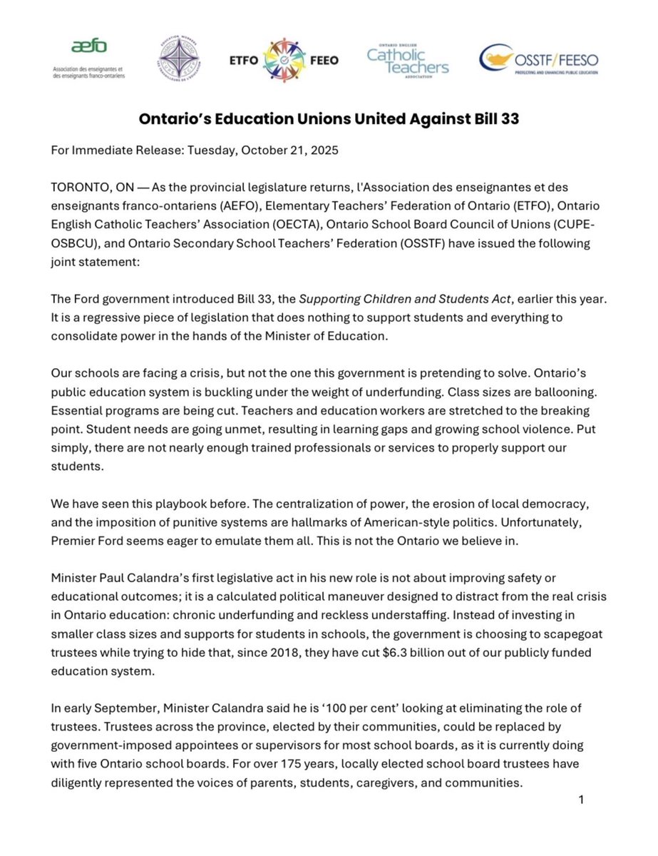 ETFOPeel's tweet image. JOINT STATEMENT: Ontario’s Education Unions United Against Bill 33

Bill 33 “is a regressive piece of legislation that does nothing to support students &amp;amp; everything to consolidate power in the hands of the Minister of Education.”

etfo.ca/news-publicati… #ETFO #OntEd #OnLab