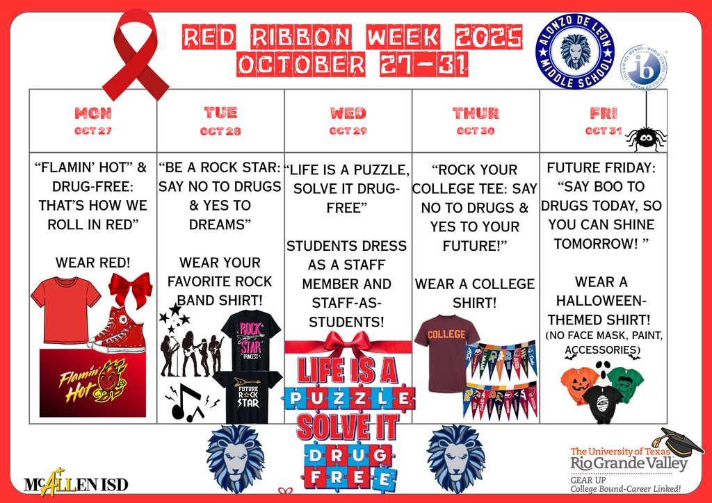Join us and participate in our Red Ribbon Week dress up themes and activities! Lions live  Drug Free! #OnePride #RedRibbonWeek