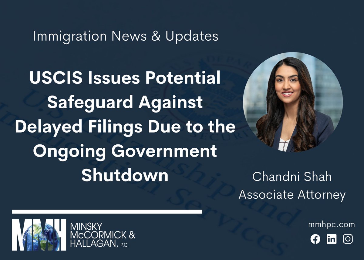 MMHPC's tweet image. Explore the latest updates on delayed filings with USCIS due to the ongoing government shutdown in our recent blog post by Attorney Chandni Shah.

#immigration #delayedfilings #governmentshutdown

mmhpc.com/uscis-issues-p…
