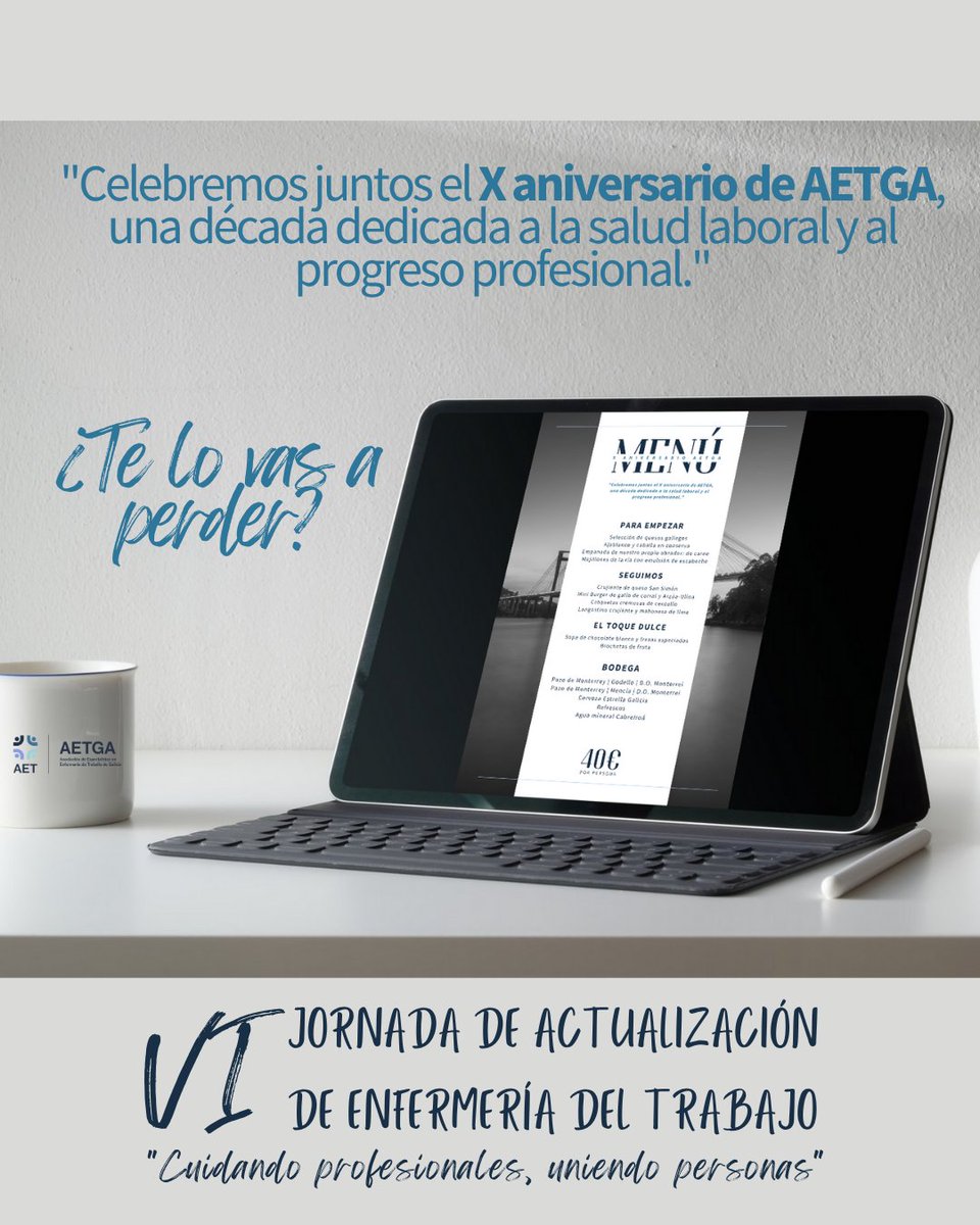 🥂 ¡Celebramos 10 años de AETGa!
Una década cuidando profesionales y uniendo personas 💙
🗓️ 22 nov 2025 · Vigo
🎉 VI Jornadas Gallegas de #EnfermeríaDelTrabajo
🎟️ enfermeriadeltrabajo.com/vi-jornada-de-…