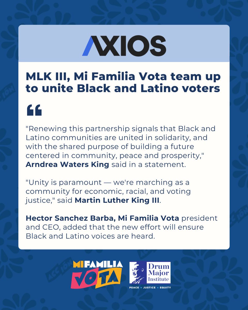 At a time with ongoing political polarization and the rise in political violence, the partnership between Mi Familia Vota and <a href="/DrumMajorInst/">Drum Major Institute</a> chooses unity. Read the full @Axios article here: axios.com/2025/10/18/mlk…

<a href="/Hesanche/">Hector Sanchez Barba</a>, <a href="/OfficialMLK3/">Martin Luther King III</a> @AndreaKing