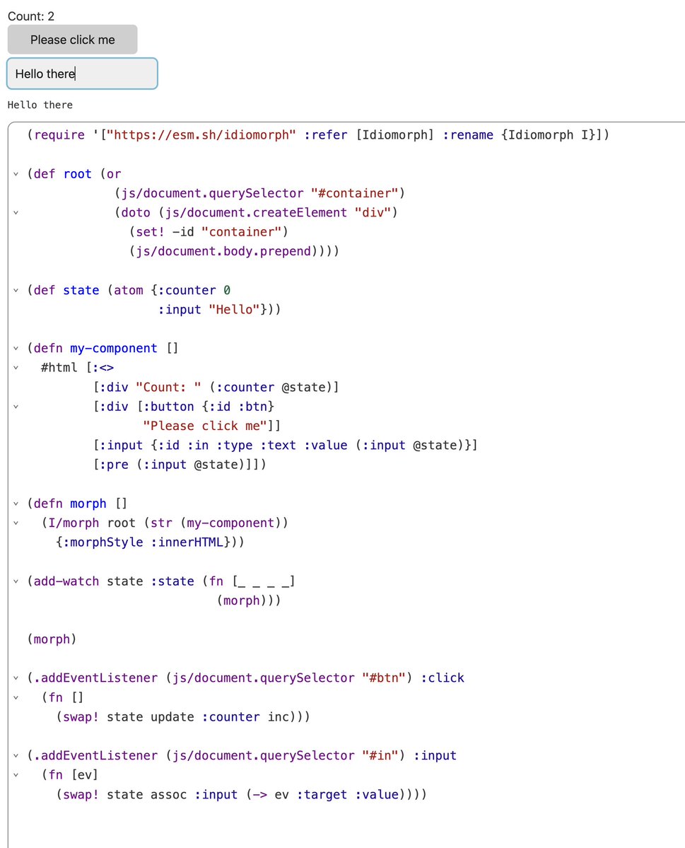 borkdude's tweet image. Idiomorph + squint reactive example (counter + text field) with regular squint atom. 5kb gzipped.
#squintcljs #clojure #clojurescript
squint-cljs.github.io/squint/?src=KH…