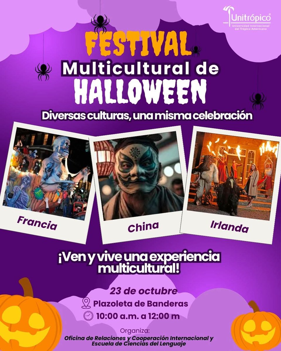 ✨ Prepárate para disfrutar del Festival Multicultural de Halloween🌍 🎃, un espacio donde conocerás cómo celebran esta festividad en Francia 🇫🇷, China 🇨🇳 e Irlanda 🇮🇪.

¡Ven, participa y celebra con nosotros la diversidad cultural en Unitrópico! 

 #ORI #Unitrópico