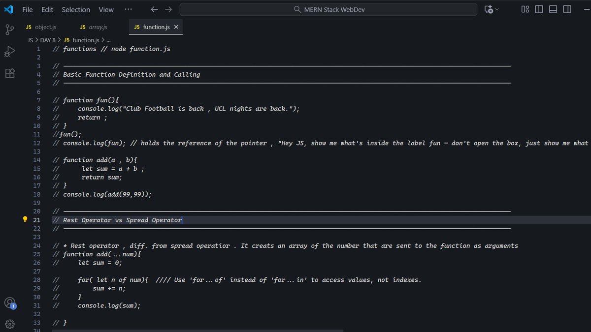 Sagar18001's tweet image. Day 23 of #MERN Stack
Learned about Functions in JavaScript — the core of everything!
Explored function types (declaration, expression, arrow), how rest packs data &amp;amp; spread unpacks it, plus how callbacks actually work (that zomato &amp;amp; Blinkit analogy 🔥)
@rohit_negi9 
 #JavaScript
