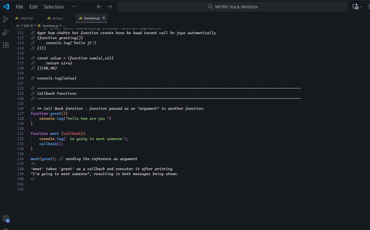 Sagar18001's tweet image. Day 23 of #MERN Stack
Learned about Functions in JavaScript — the core of everything!
Explored function types (declaration, expression, arrow), how rest packs data &amp;amp; spread unpacks it, plus how callbacks actually work (that zomato &amp;amp; Blinkit analogy 🔥)
@rohit_negi9 
 #JavaScript