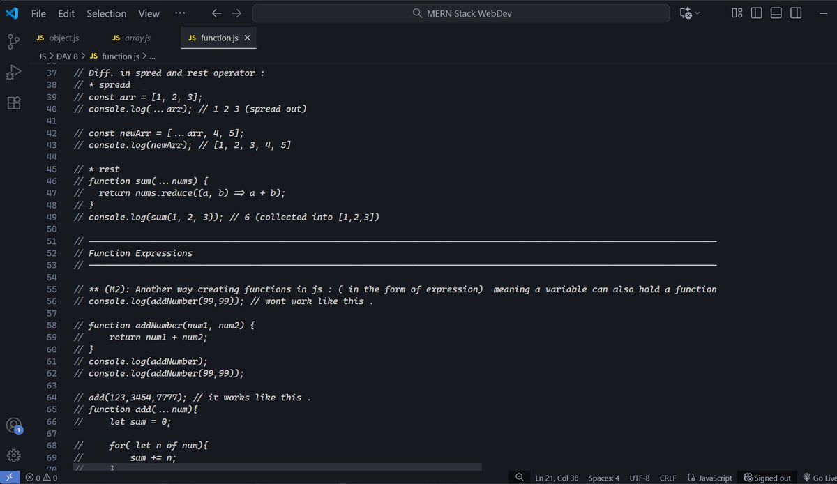 Sagar18001's tweet image. Day 23 of #MERN Stack
Learned about Functions in JavaScript — the core of everything!
Explored function types (declaration, expression, arrow), how rest packs data &amp;amp; spread unpacks it, plus how callbacks actually work (that zomato &amp;amp; Blinkit analogy 🔥)
@rohit_negi9 
 #JavaScript