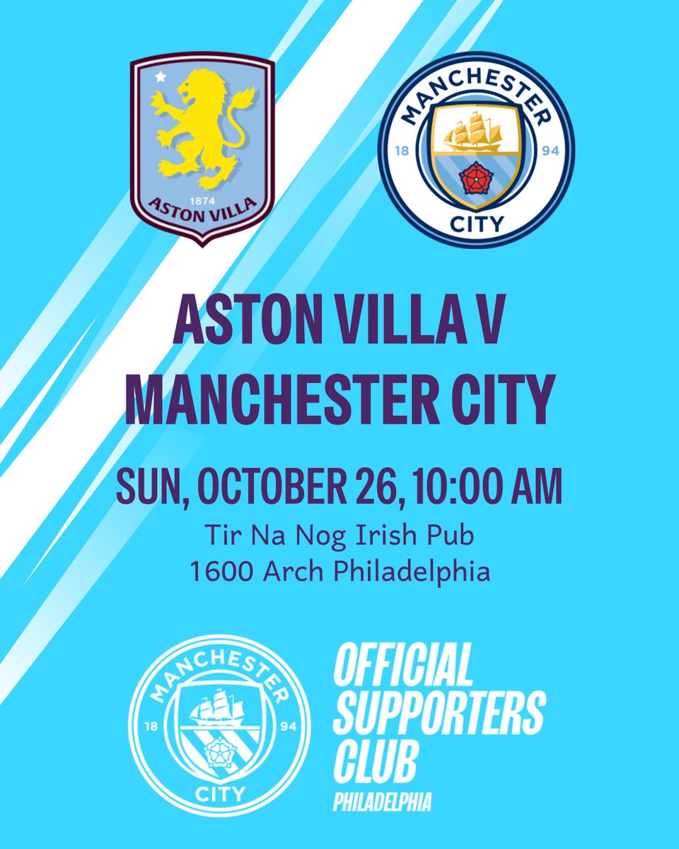 Can we keep up our winning streak? Find out with us at Tir Na Nog. Eagles and Bills both play at 1PM so it's going to be a busy bar by the final whistle.

Aston Villa v Man City
Sun, Oct 26 at 10AM
Tir Na Nog - 1600 Arch

#AVIMCI #CmonCity #MancityUS #MancityOSC #mcfcphilly