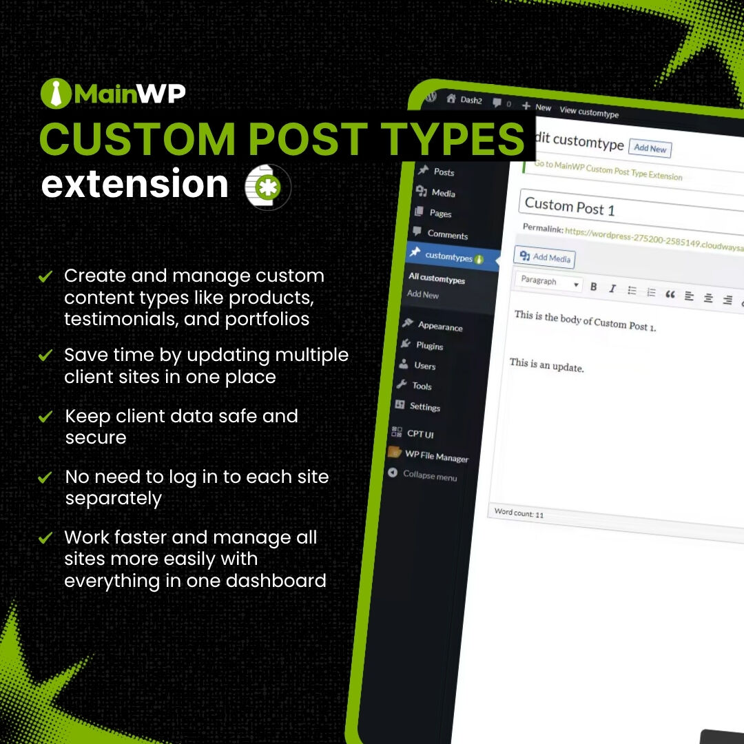 MyMainWP's tweet image. Manage custom content across all client sites from one dashboard. Create and update products, testimonials, and portfolios fast with the MainWP Custom Post Types Extension.