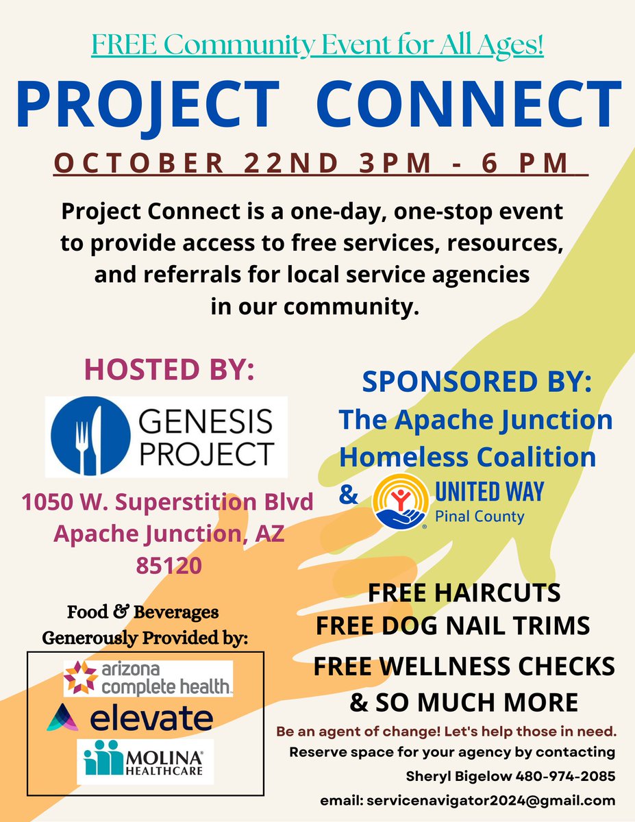 There are a lot of great events happening in Pinal County, including the Apache Junction Project Connect tomorrow 3pm-6pm.

Thank you to our sponsors <a href="/AzCHealthPlan/">Arizona Complete Health (Health Plan)</a>, Elevate and <a href="/molinahealth/">Molina Healthcare</a>!

View more events and volunteer opportunities at volunteerpinal.org