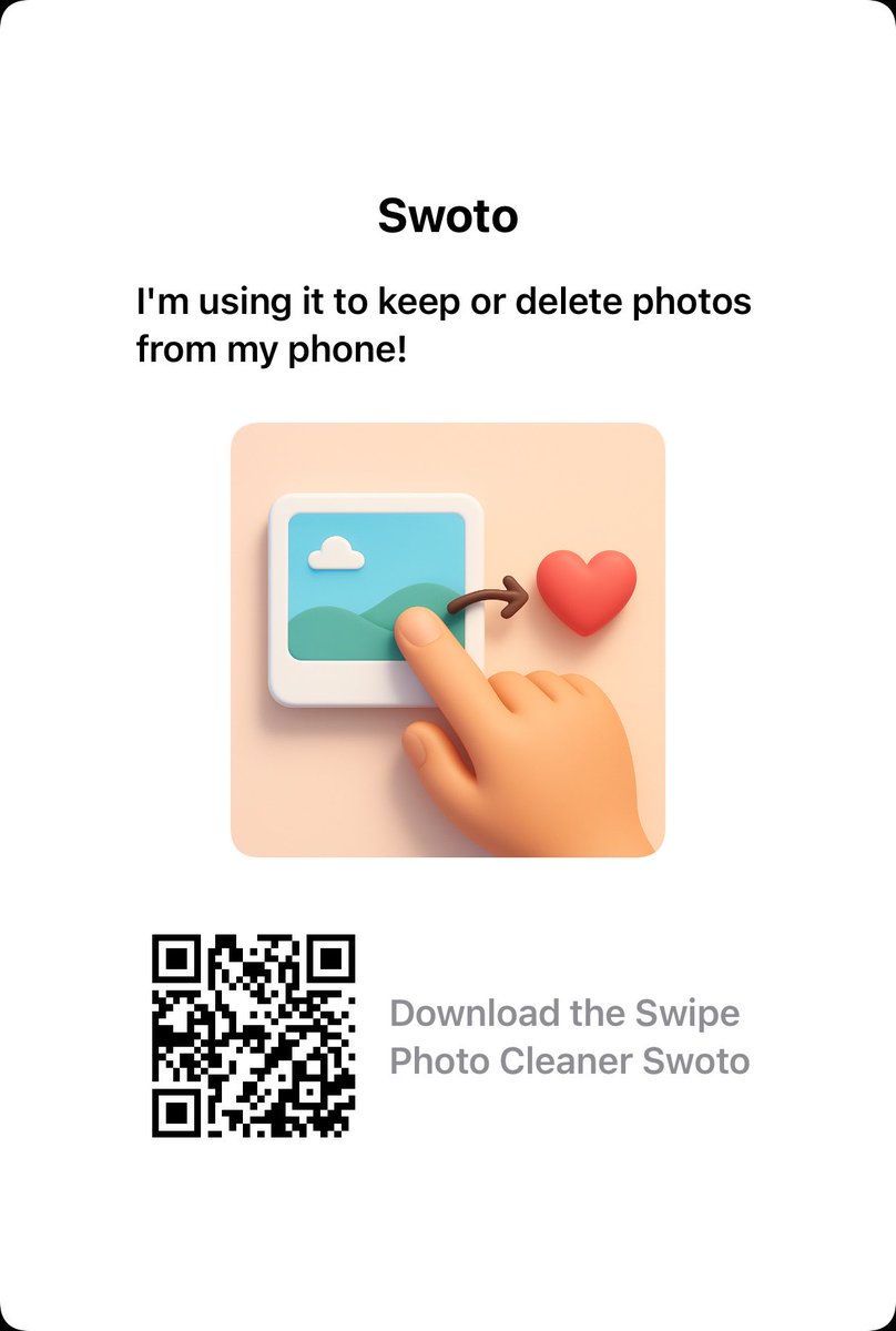 w12_dev_apps's tweet image. 🚀 Introducing Swipe Photo Cleaner – Swoto! — the smart way to clean your photo gallery.
Swipe right to keep, left to delete.
Track your progress, free up space, and let Smart Clean do the rest.
Now on the App Store
#PhotoCleaner #swipe #iOSApp #CleanYourGallery #buildinpublic